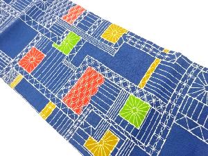 縮緬地型染青海波に七宝・花模様開き名古屋帯（額縁仕立て）